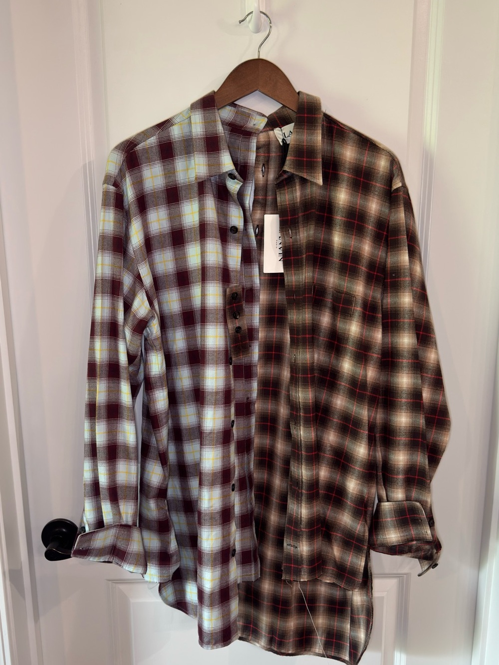 Lanvin Oversized Asymmetrical Striped Burgundy Yellow Button Up Shirt